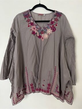 Johnny Was Lavender Gray Embroidered Tunic with Pink Floral Accents
